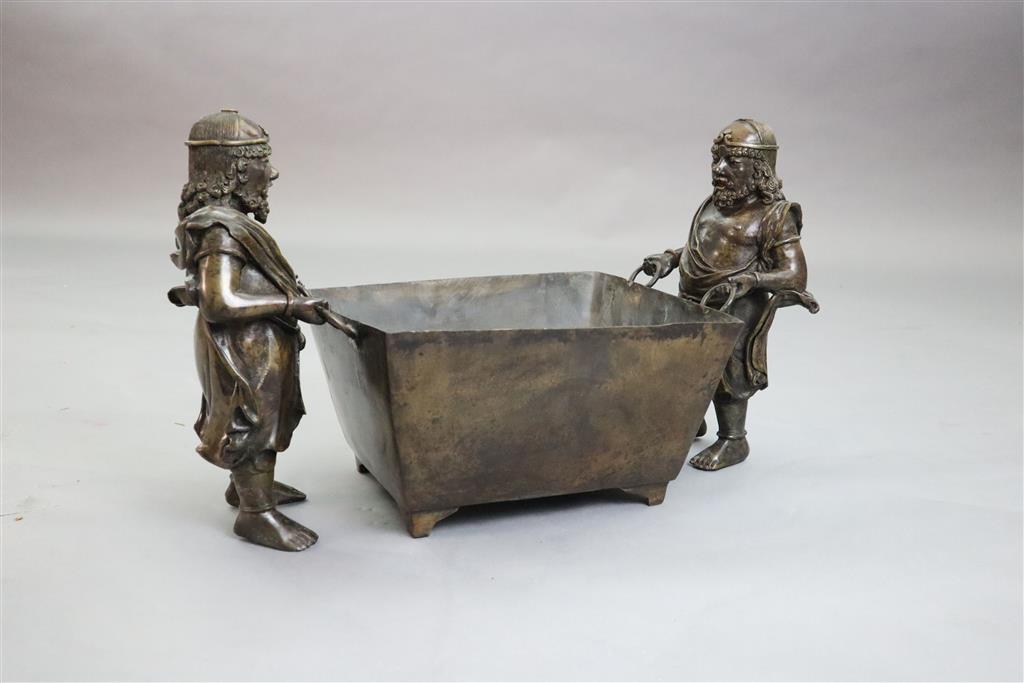 A massive Chinese bronze figural censer, fangding, 17th century or later, 38cm high, 63cm wide